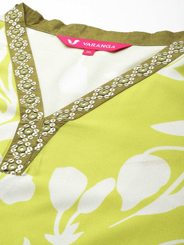 Varanga Women Plus Size Lime Green Floral Printed Kurta With V Neck And Three Quarter Bell Sleeves Pl24 Vkur1071
